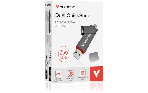 Clé USB-C et USB-A Verbatim Dual QuickStick 256 Go - Gris - USB 3.2