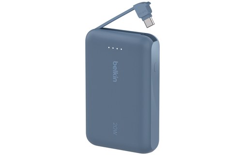 Batterie externe USB-C 10K (20 W, câble intégré) - Belkin BoostCharge Pro bleue