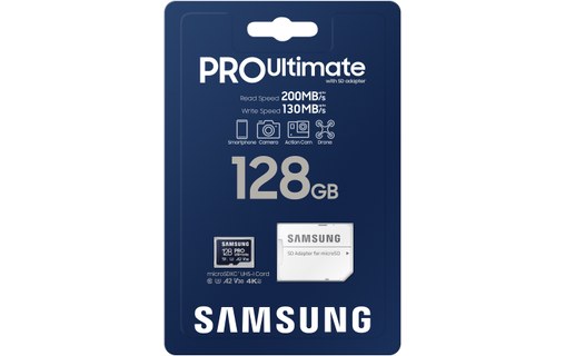 Carte microSDXC Samsung PRO Ultimate 128 Go avec adaptateur USB, UHS-I, V30