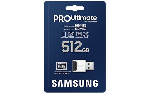 Carte microSDXC Samsung PRO Ultimate 512 Go avec adaptateur SD, UHS-I, V30