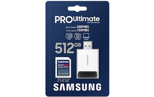 Carte SDXC Samsung PRO Ultimate 512 Go avec adaptateur USB, UHS-I, V30