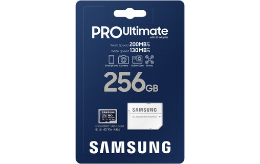 Carte microSDXC Samsung PRO Ultimate 256 Go avec adaptateur USB, UHS-I, V30