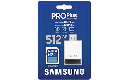 Carte SDXC Samsung PRO Plus 512 Go avec adaptateur USB, UHS-I, V30