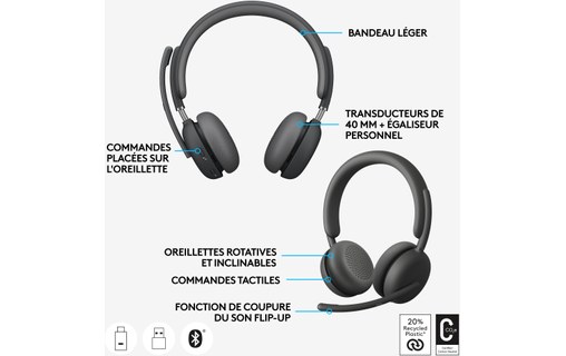 Micro-casque sans fil Logitech Zone Wireless 2 UC Stéréo, Graphite