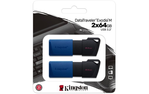 Lot de 2 Clé USB Kingston DataTraveler Exodia M 64 Go - Bleu, Noir - USB 3.2
