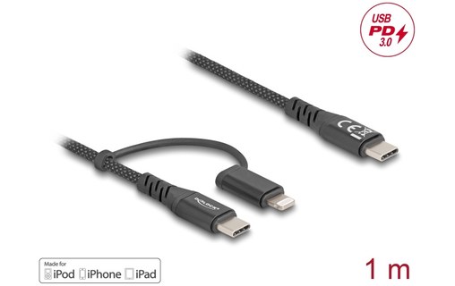 Câble Delock USB-C vers USB-C / Lightning 60 W - 1 m - Noir