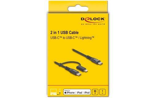 Câble Delock USB-C vers USB-C / Lightning 60 W - 1 m - Noir