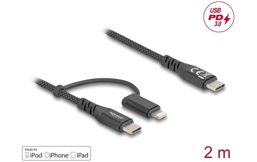 Câble Delock USB-C vers USB-C / Lightning - 2 m - Noir