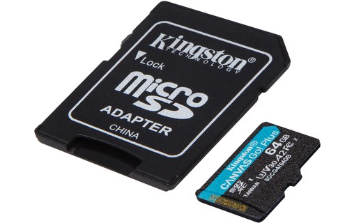 Carte microSD Kingston Canvas Go Plus Gen4 64 Go avec adaptateur SD, UHS-I, V30
