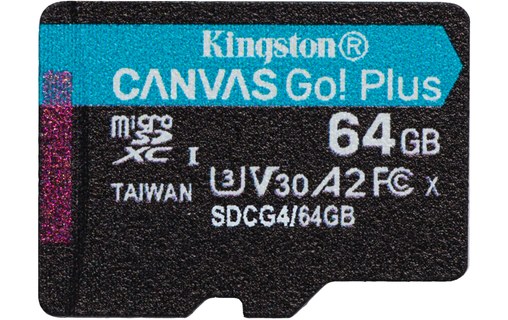Carte microSD Kingston Canvas Go Plus Gen4 64 Go avec adaptateur SD, UHS-I, V30