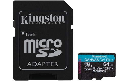 Carte microSD Kingston Canvas Go Plus Gen4 64 Go avec adaptateur SD, UHS-I, V30