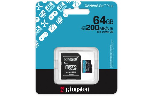 Carte microSD Kingston Canvas Go Plus Gen4 64 Go avec adaptateur SD, UHS-I, V30