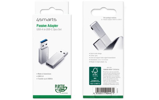 Lot de 2 Adaptateurs USB vers USB C Charge et Transfert 5GB/s 4smarts Argent