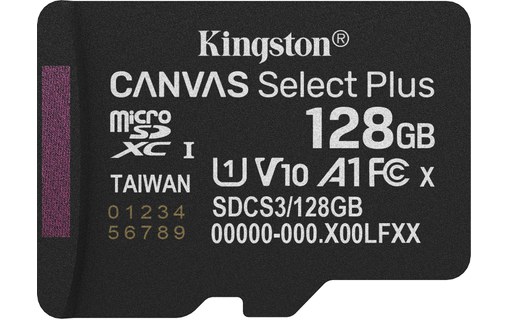 Carte microSDXC Kingston Canvas Select Plus Gen3 128 Go avec adaptateur SD, V10