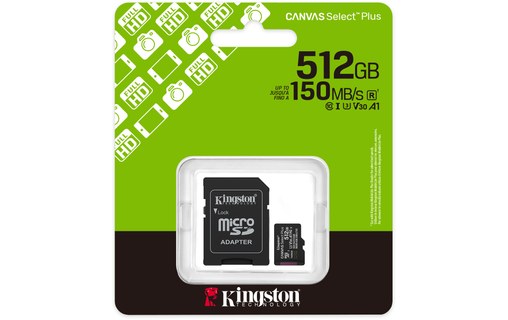 Carte microSDXC Kingston Canvas Select Plus Gen3 512 Go avec adaptateur SD, V30