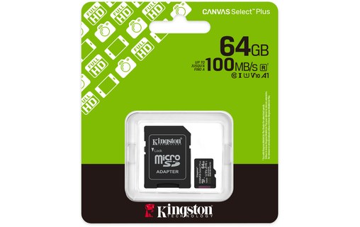 Carte microSDXC Kingston Canvas Select Plus Gen3 64 Go avec adaptateur SD, UHS-I