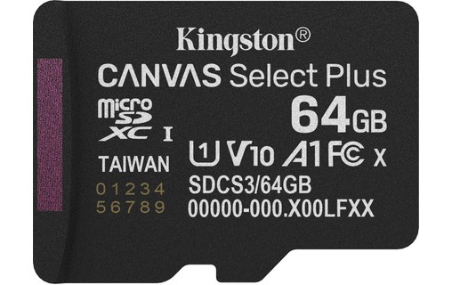 Carte microSDXC Kingston Canvas Select Plus Gen3 64 Go avec adaptateur SD, UHS-I