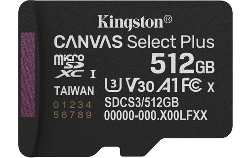 Carte microSDXC Kingston Canvas Select Plus Gen3 512 Go avec adaptateur SD, V30
