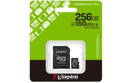Carte microSDXC Kingston Canvas Select Plus Gen3 256 Go avec adaptateur SD, V10