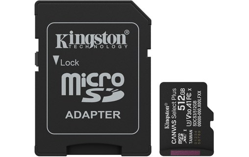 Carte microSDXC Kingston Canvas Select Plus Gen3 512 Go avec adaptateur SD, V30