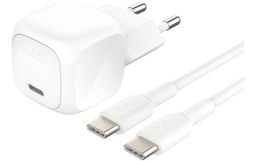 Chargeur USB-C 20 W - Belkin BoostCharge Compact + câble USB-C - Blanc