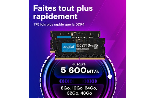 Mémoire RAM Crucial 128 Go (2 x 64 Go) DDR5 SO-DIMM 5600 MHz - CT2K64G56C46S5