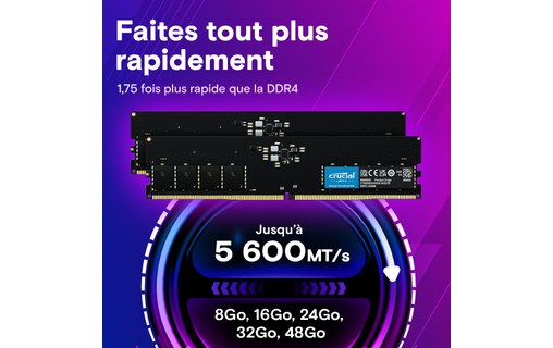 Mémoire RAM Crucial 64 Go DDR5 U-DIMM 5600 MHz - CT64G56C46U5