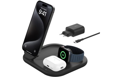 Socle de charge 3-en-1 Belkin BoostCharge Pliable avec MagSafe - Qi2 - Noir