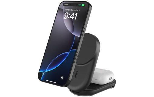 Station 2-en-1 Belkin UltraCharge Ronde Pliable - MagSafe - Qi2 (25 W) - Noire