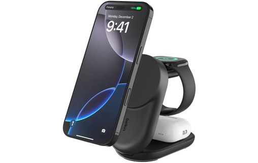 Station 3-en-1 Belkin UltraCharge Ronde Pliable - MagSafe, Qi2 (25 W) - Noire