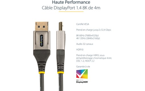 StarTech.com Câble DisplayPort 1.4 Certifié VESA 4m - 8K 60Hz HDR10 - Vidéo Ultr
