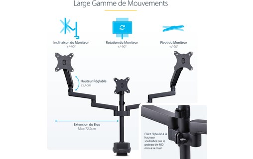 Support écran de bureau - 3 écrans - Noir - StarTech 3MP2AG-MONITOR-ARM