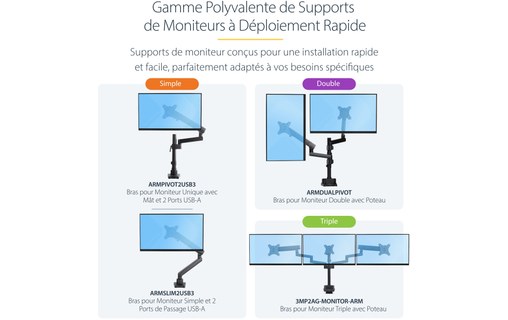 Support écran de bureau - 3 écrans - Noir - StarTech 3MP2AG-MONITOR-ARM