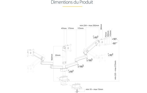 Support écran de bureau - 3 écrans - Noir - StarTech 3MP2AG-MONITOR-ARM