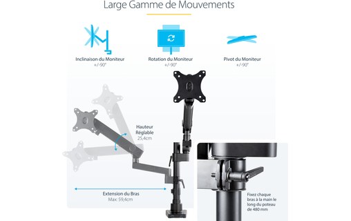 StarTech.com Bras pour écran PC - Articulé - Bras support écran PC avec 2x USB p