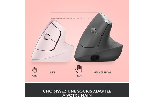 Souris sans fil Logitech Lift - Rose - Ergonomique, Verticale