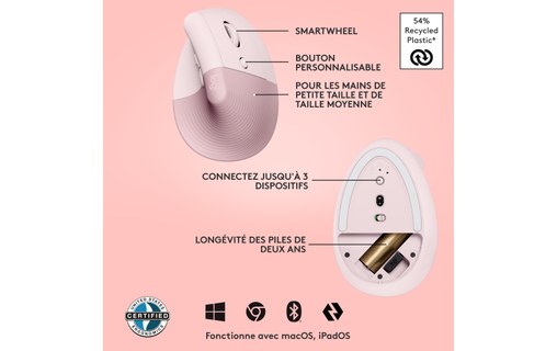 Souris sans fil Logitech Lift - Rose - Ergonomique, Verticale