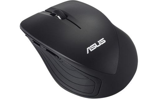 Souris sans fil ASUS WT465 noire vue de trois quarts, montrant sa forme ergonomique