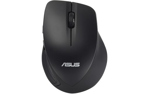Vue de dessus de la souris ASUS WT465 noire avec molette et commandes