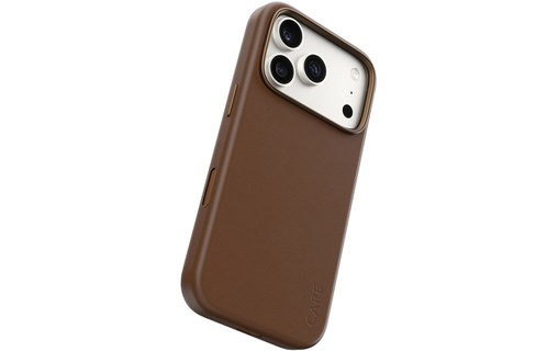 Vue rapprochée de la coque CARE Solo marron et de son contour surélevé autour du bloc photo