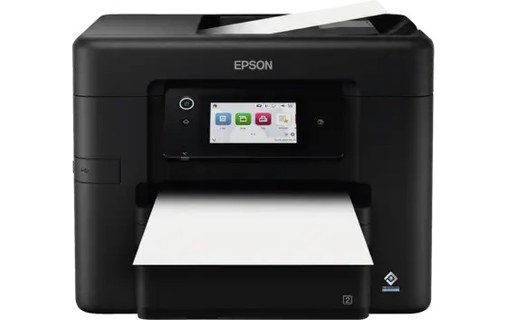 Imprimante multifonction Epson WorkForce Pro WF-4930 vue de face, avec chargeur de documents et feuille imprimée
