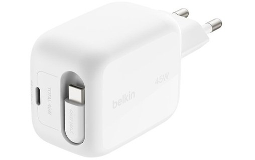 Chargeur USB-C avec câble rétractable 45 W - Belkin UltraCharge - Blanc