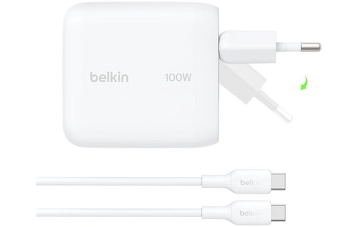 Chargeur USB-C 100 W broches pliables - avec câble - Belkin BoostCharge - Blanc