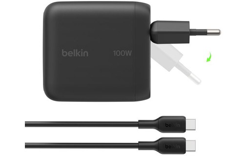 Chargeur USB-C 100 W broches pliables - avec câble - Belkin BoostCharge - Noir