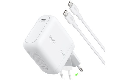 Chargeur USB-C 100 W broches pliables - avec câble - Belkin BoostCharge - Blanc