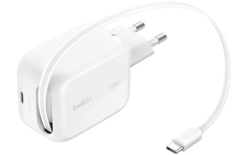 Chargeur USB-C avec câble rétractable 45 W - Belkin UltraCharge - Blanc