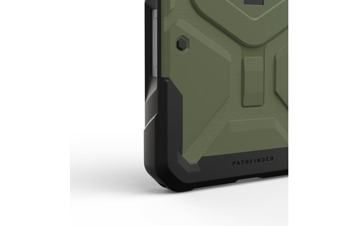 Détail de la texture et du coin renforcé de la coque UAG Pathfinder vert olive