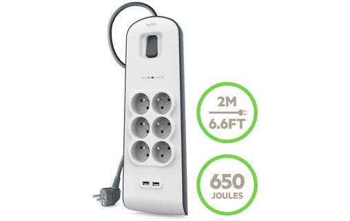 BELKIN - Multiprise parafoudre 6 prises + 2 x USB 2.0 2.4 A 2 m