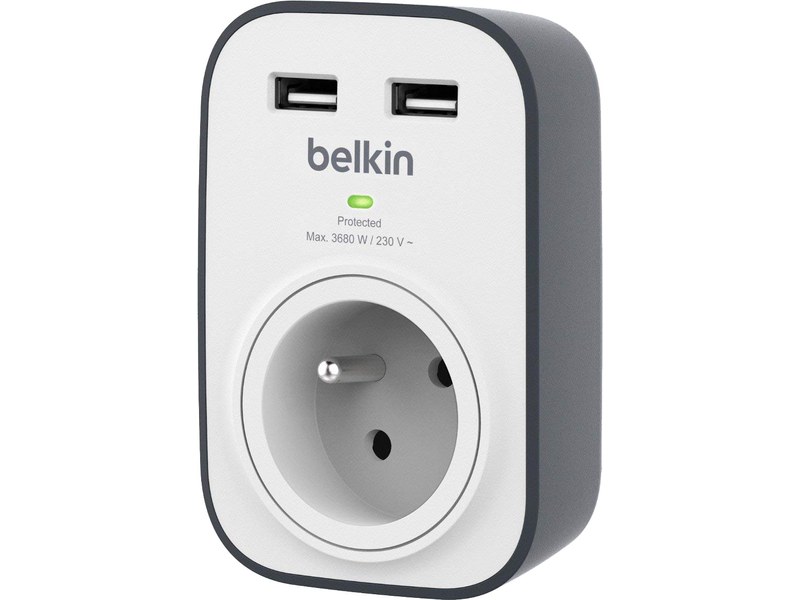Belkin Multiprise USB avec Protection Contre Les surtensions à 6 Prises CA,  Montage Mural, câble de 2 m, indicateur d'état LED, 1 Port USB-A et 1 Port