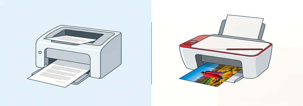 Comparatif imprimante laser versus imprimante jet d'encre : documents texte rapides d'un côté, photos couleur polyvalentes de l'autre
